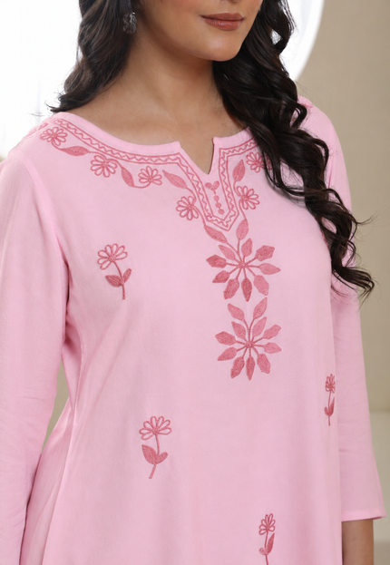 Qazmi Women's Kashmiri Aari Embroidered Viscose Rayon A-Line Flared Kurti