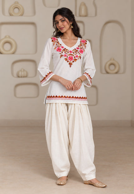 Qazmi Women's Nafisa Kashmiri Aari Work V-Neck Blue Kurti