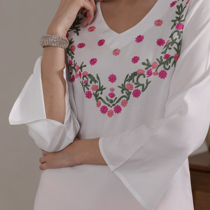 Qazmi Women's Aari Embroidered Viscose Rayon Full Sleeves Straight Kurti