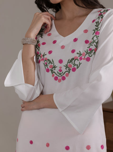 Qazmi Women's Aari Embroidered Viscose Rayon Full Sleeves Straight Kurti