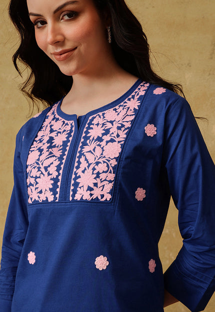 Qazmi Women's Pure Cotton Kashmiri Aari Work White Kurti