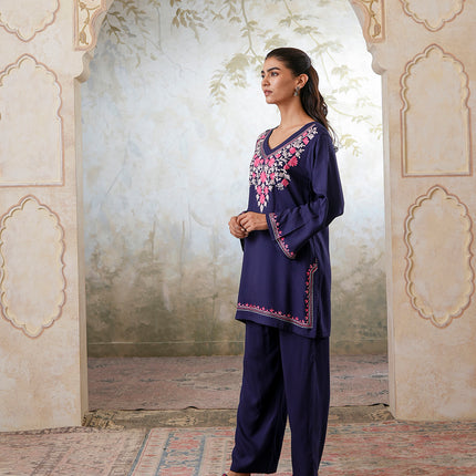 Qazmi Women's Kashmiri Aari Work Navy Blue CoOrd Set