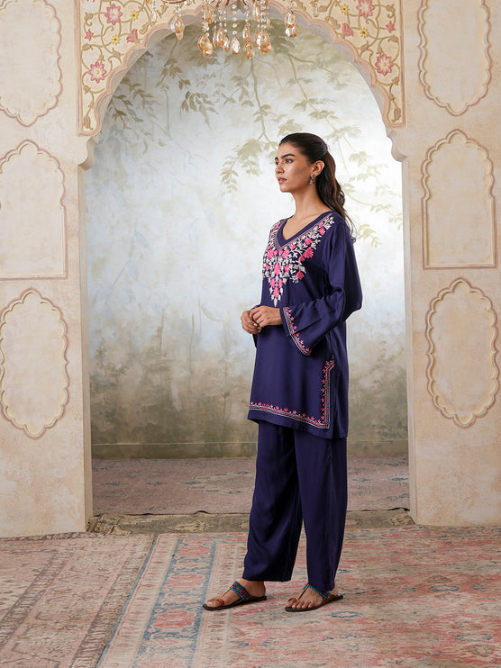 Qazmi Women's Kashmiri Aari Work Navy Blue CoOrd Set