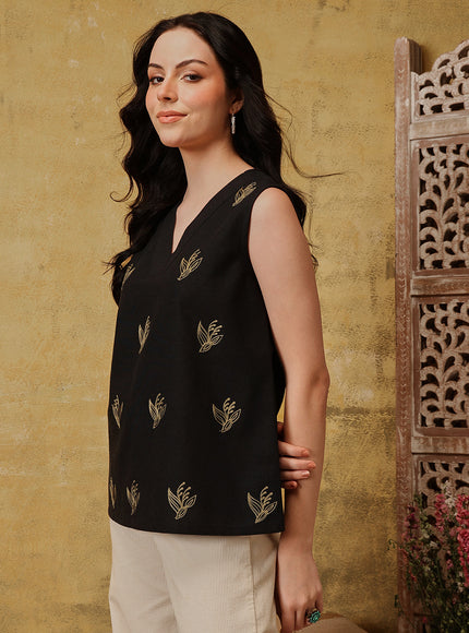 Qazmi Women's Aari Work Sleeveless Peplum Cotton Kurti