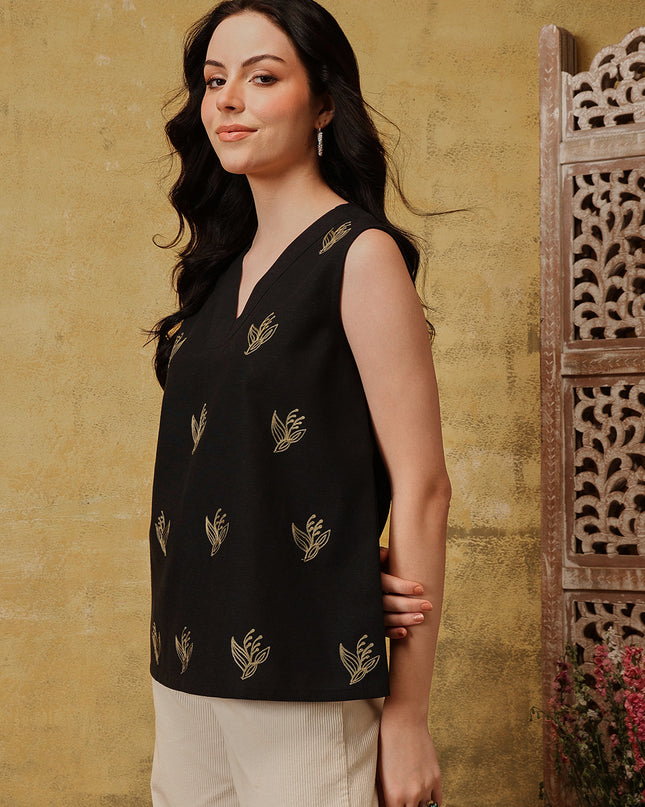 Qazmi Women's Aari Work Sleeveless Peplum Cotton Kurti