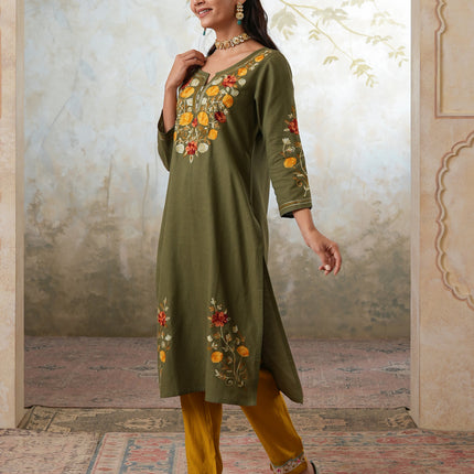 Qazmi Women's Zaynab Kashmiri Aari Work Cotton Linen Olive Green Kurta