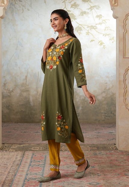 Qazmi Women's Zaynab Kashmiri Aari Work Cotton Linen Olive Green Kurta