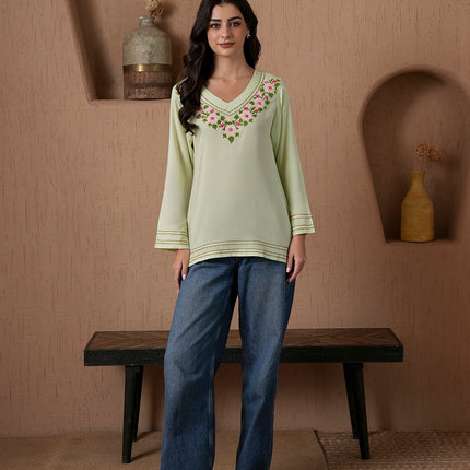 Qazmi Women's Amina Kashmiri Embroidered V-Neck Short Kurti