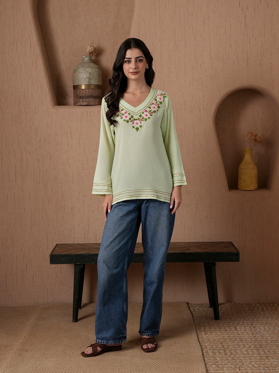 Qazmi Women's Amina Kashmiri Embroidered V-Neck Short Kurti