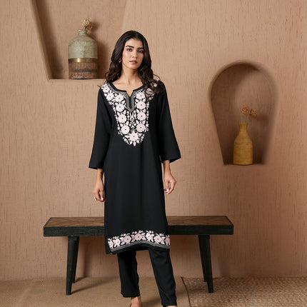 Qazmi Women's Mysa Kashmiri Aari Work Dark Wine Kurta Set