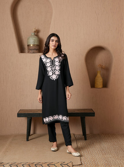 Qazmi Women's Mysa Kashmiri Aari Work Dark Wine Kurta Set