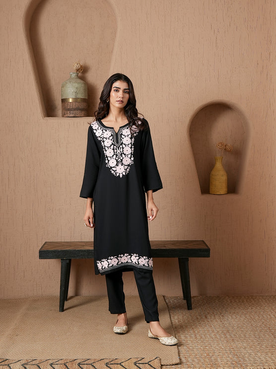 Qazmi Women's Mysa Kashmiri Aari Work Dark Wine Kurta Set