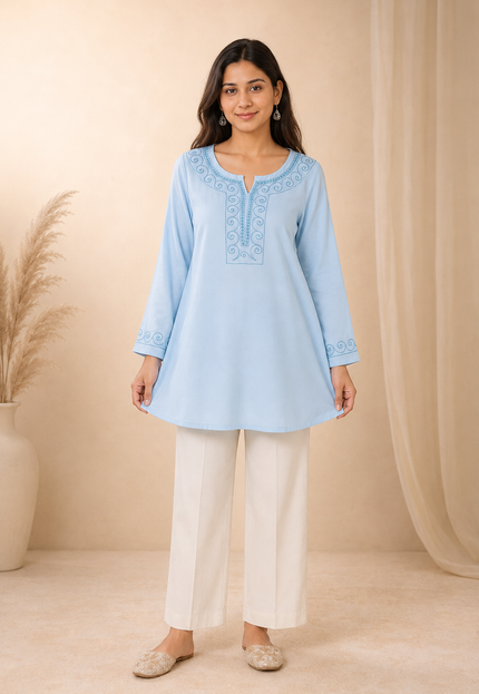 Qazmi Women Aari Embroidered Viscose Rayon A-Line Short Kurti with Full Sleeves
