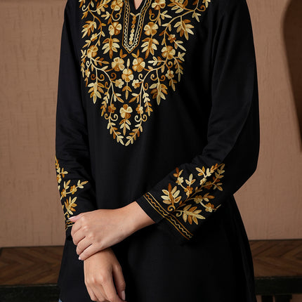 Qazmi Women's Kashmiri A-Line Full Sleeves Viscose Rayon Black Flared Short Kurti