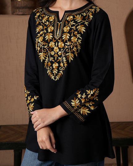 Qazmi Women's Kashmiri A-Line Full Sleeves Viscose Rayon Black Flared Short Kurti
