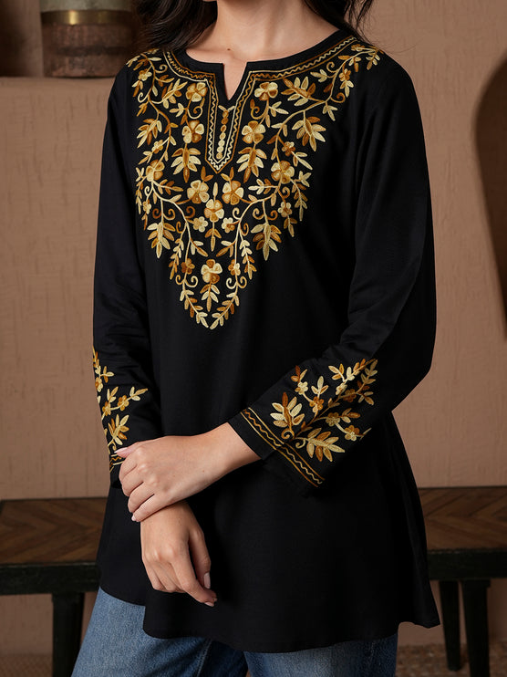 Qazmi Women's Kashmiri A-Line Full Sleeves Viscose Rayon Black Flared Short Kurti