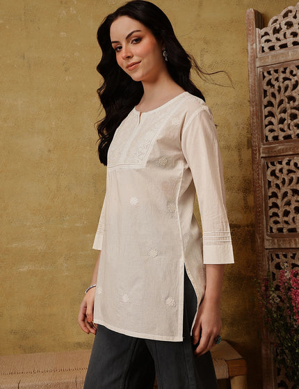 Qazmi Women's Pure Cotton Kashmiri Aari Work White Kurti
