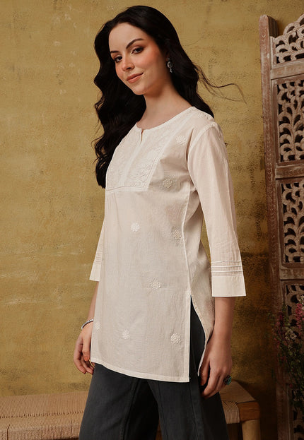 Qazmi Women's Pure Cotton Kashmiri Aari Work White Kurti