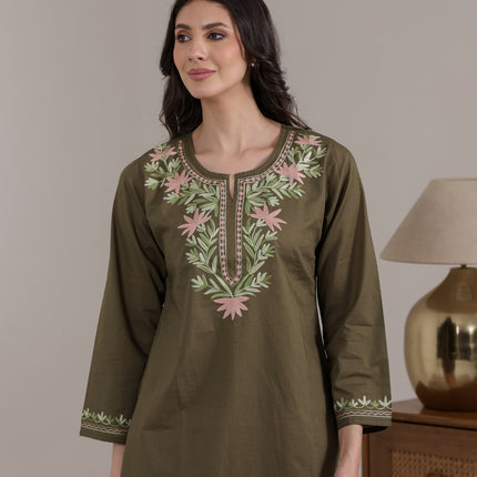 Qazmi Women Aari Embroidered Pure Cotton Short Kurta with Full Sleeves