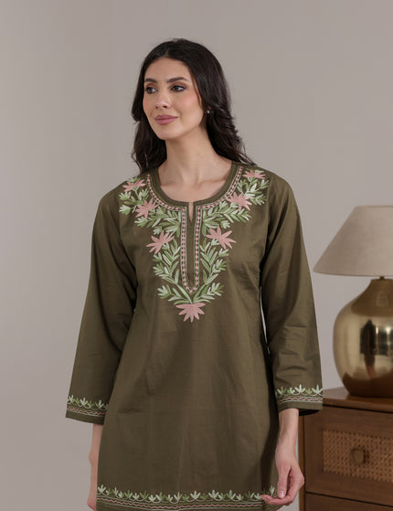 Qazmi Women Aari Embroidered Pure Cotton Short Kurta with Full Sleeves