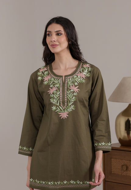 Qazmi Women Aari Embroidered Pure Cotton Short Kurta with Full Sleeves