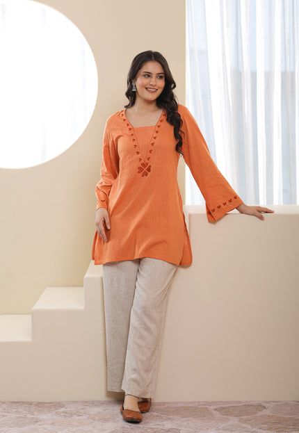 Qazmi Women Pure Cotton Square-Neck Aari  Embroidered Short Kurti