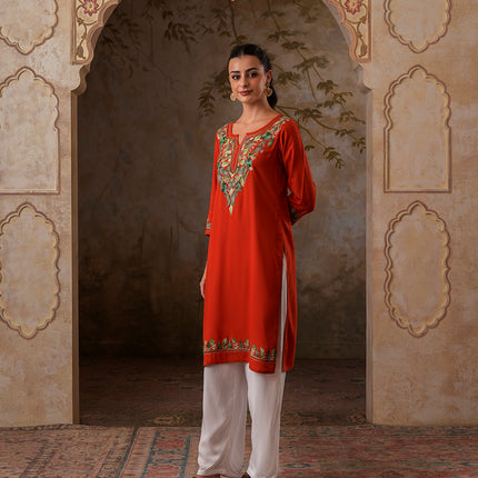 Qazmi Women's Noor Kashmiri Aari Work Straight Kurta