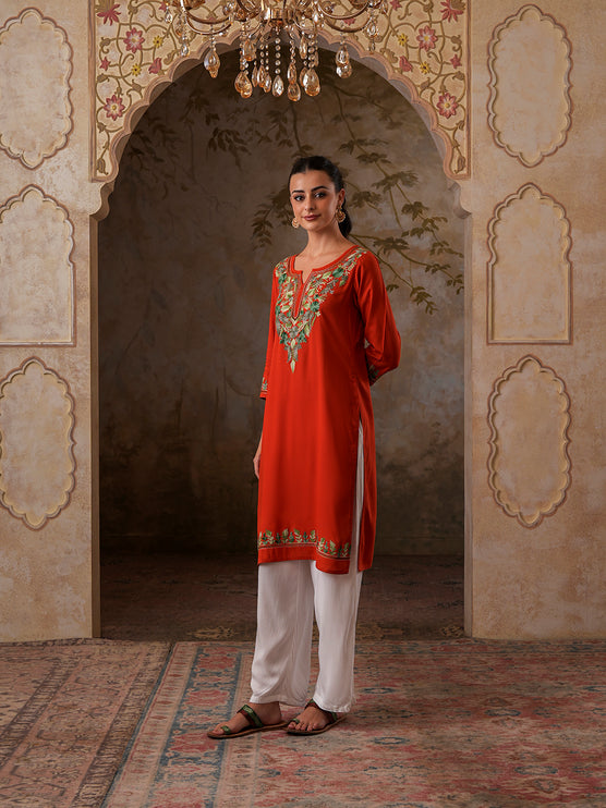 Qazmi Women's Noor Kashmiri Aari Work Straight Kurta