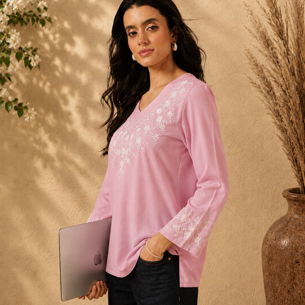 Qazmi Women's Sarah V-Neck Kashmiri Aari Work Full Sleeves Kurti