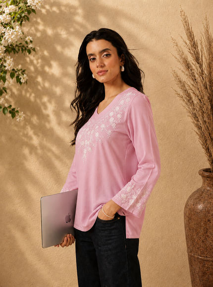 Qazmi Women's Sarah V-Neck Kashmiri Aari Work Full Sleeves Kurti
