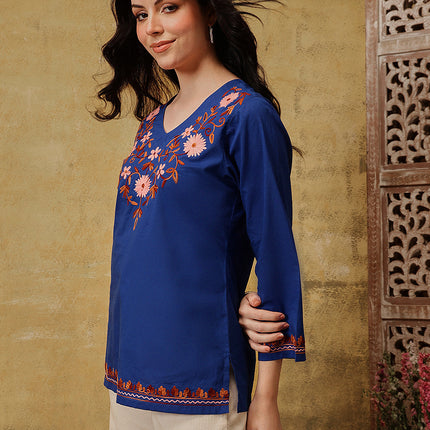 Qazmi Women's Nafisa Kashmiri Aari Work V-Neck Blue Kurti