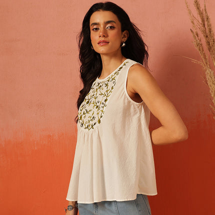 Qazmi Women's Aari Work Pink Sleeveless Peplum Cotton Kurti