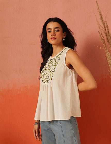 Qazmi Women's Aari Work Pink Sleeveless Peplum Cotton Kurti