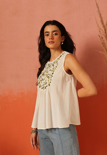 Qazmi Women's Aari Work Pink Sleeveless Peplum Cotton Kurti