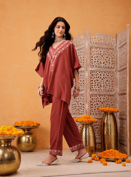 Qazmi Shahira Kashmiri Aari Work Orange Kaftan CoOrd Set
