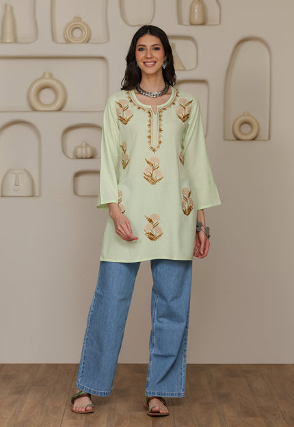 Qazmi Women Kashmiri Aari Embroidered Viscose Rayon Short Kurta