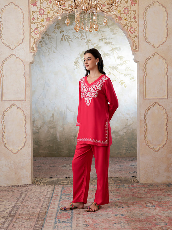 Qazmi Women's Kashmiri Aari Work Navy Blue CoOrd Set