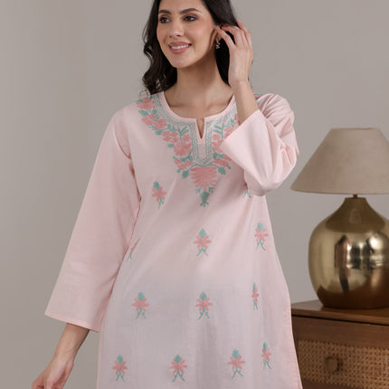 Qazmi Women's Aari Embroidered Pure Cotton Short Kurta