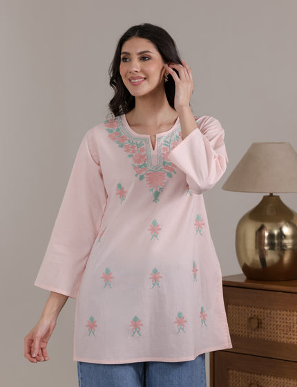 Qazmi Women's Aari Embroidered Pure Cotton Short Kurta