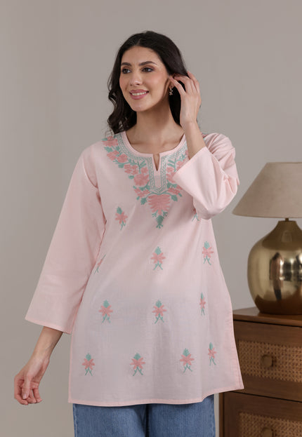 Qazmi Women's Aari Embroidered Pure Cotton Short Kurta