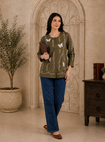 Qazmi Women Aari Embroidered Pure Cotton Buttoned Top