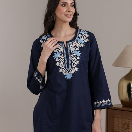 Qazmi Women Aari Embroidered Pure Cotton Short Kurta with Full Sleeves