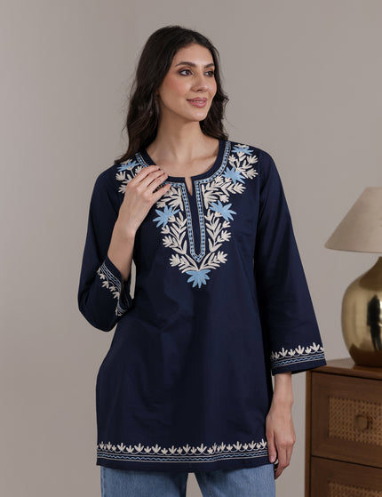 Qazmi Women Aari Embroidered Pure Cotton Short Kurta with Full Sleeves