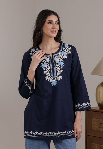 Qazmi Women Aari Embroidered Pure Cotton Short Kurta with Full Sleeves