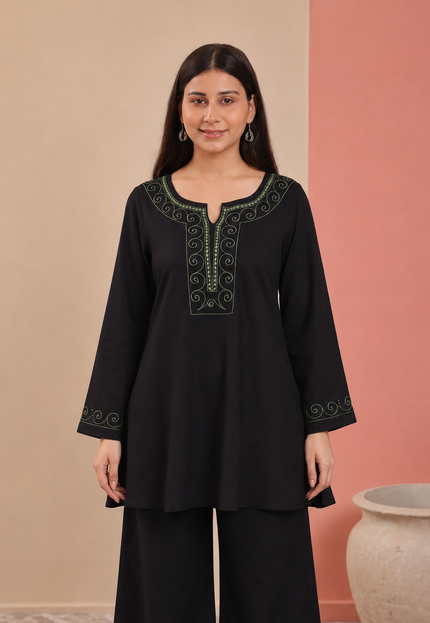 Qazmi Women Aari Embroidered Viscose Rayon A-Line Short Kurti with Full Sleeves