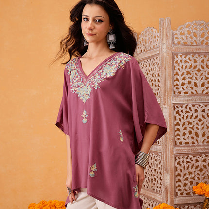 Qazmi Hannah V-Neck Flared Sleeves Aari Work Kaftan Kurti