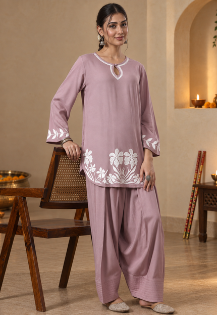 Qazmi Women Floral Aari Embroidered Viscose Rayon Kurti with Farshi Salwar