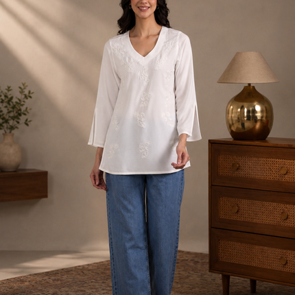 Qazmi Women Kashmiri Aari Embroidered Viscose Rayon Flared Sleeves Short Kurti
