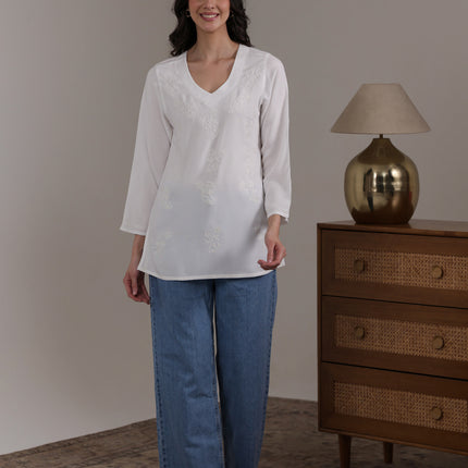 Qazmi Women Kashmiri Aari Embroidered Viscose Rayon Flared Sleeves Short Kurti