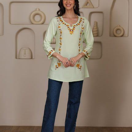Qazmi Women Kashmiri Aari Embroidered A-Line Viscose Rayon Short Kurti with Full Sleeves